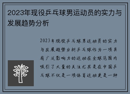 2023年现役乒乓球男运动员的实力与发展趋势分析